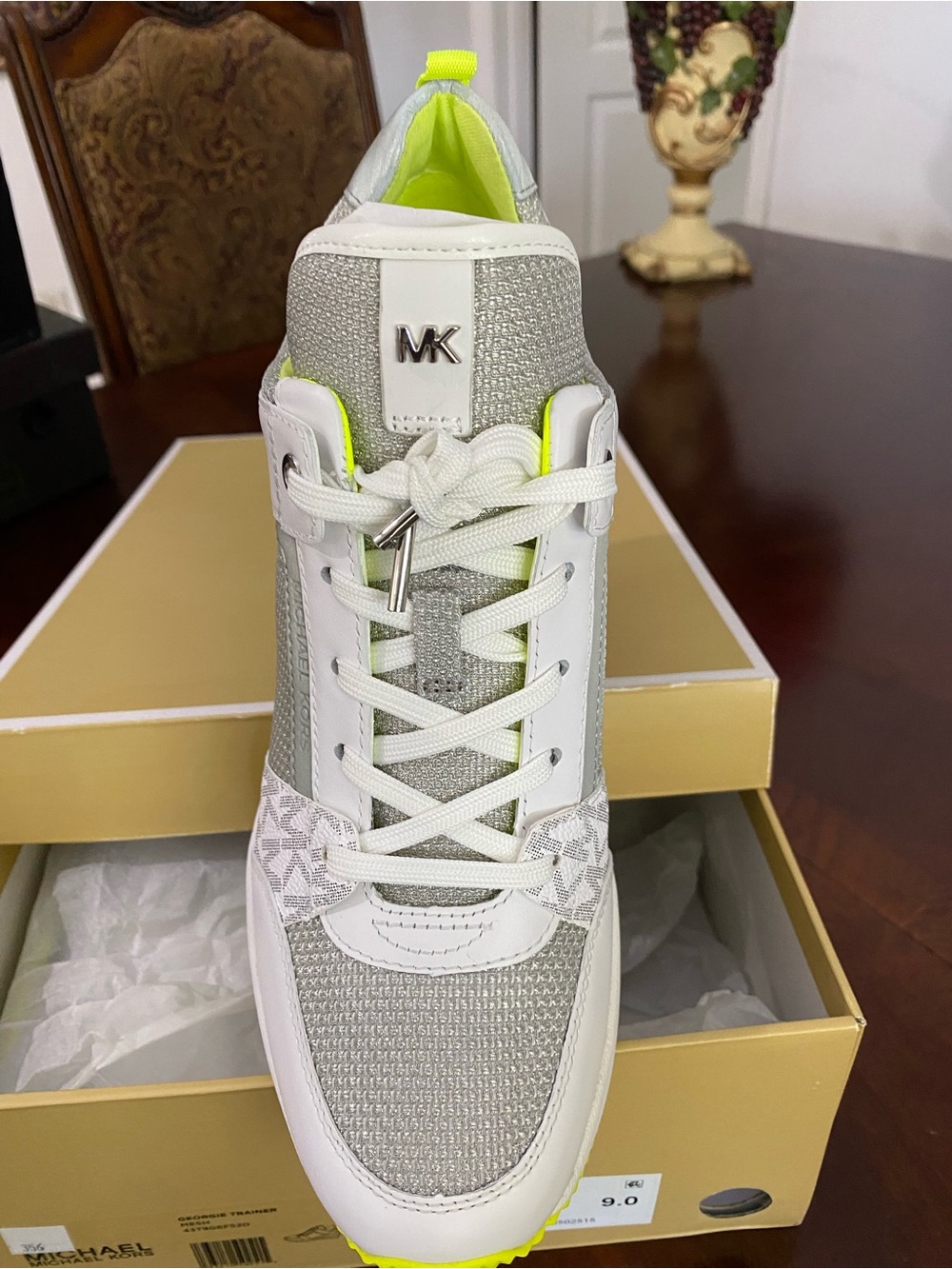 Michael Kors Silver & White Sneaker with Neon Yellow Accents